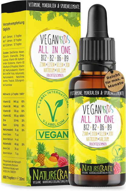 Vegan Kids All-in-One Tropfen - Vitamin B12+B2+B6+B9 Folsäure + Zink + Eisen + Selen + Natrium + Kalium + Jod - Komplex mit natürlichem Tropical Fruchtgeschmack (20ml = max. 4 Monats-Vorrat)