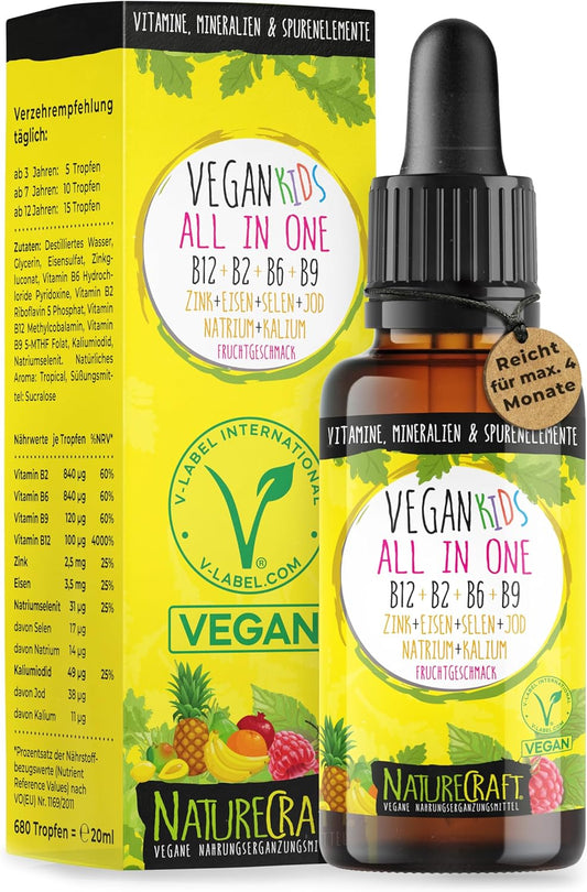 Vegan Kids All-in-One Tropfen - Vitamin B12+B2+B6+B9 Folsäure + Zink + Eisen + Selen + Natrium + Kalium + Jod - Komplex mit natürlichem Tropical Fruchtgeschmack (20ml = max. 4 Monats-Vorrat)