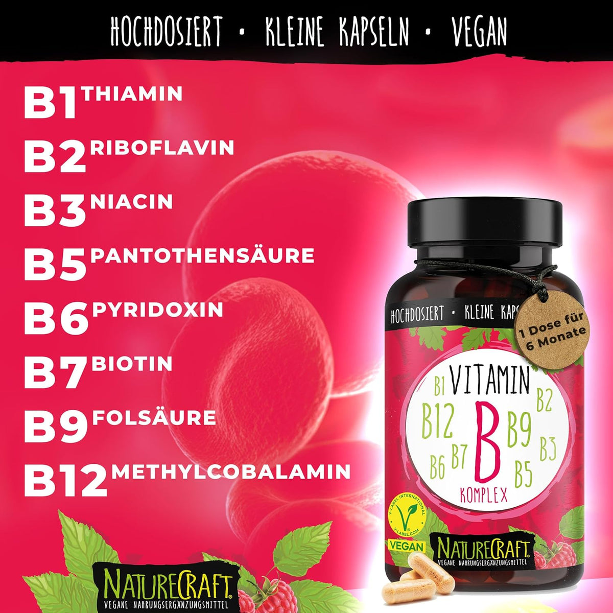 Vitamin B-Komplex - B1 + B2 + B3 + B5 + B6 + B7 + B9 + B12 fuer Erwachsene, vegan, hochdosiert - 180 Kapseln (6 Monats-Vorrat)