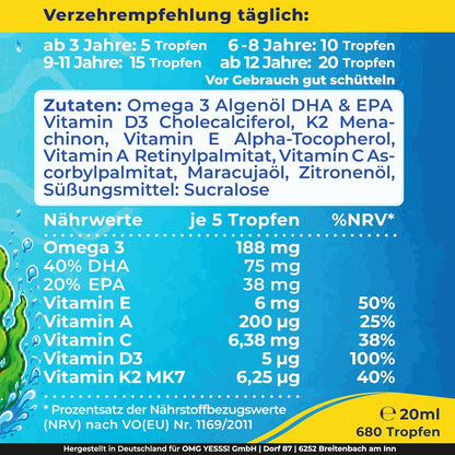 Omega-3 KIDS Algenöl Tropfen für Kinder mit DHA & EPA + D3, K2, C, A & E