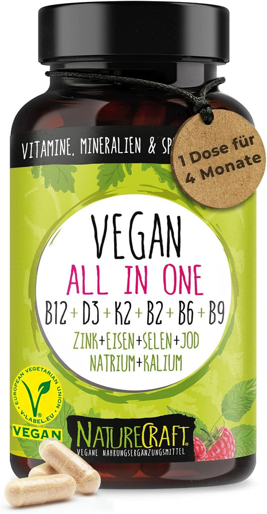 Vegan All-in-One - Vitamin B12+D3+K2+B2+B6+B9 Folsäure + Zink + Eisen + Selen + Natrium + Kalium + Jod - Komplex mit 120 Kapseln (4 Monats-Vorrat)