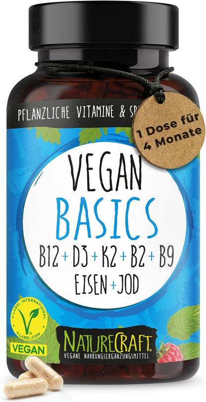 Vegan Basics - Vitamin B12+D3+K2+B2+B9 Folsäure + Eisen + Jod - Komplex mit 120 Kapseln (4 Monats-Vorrat)