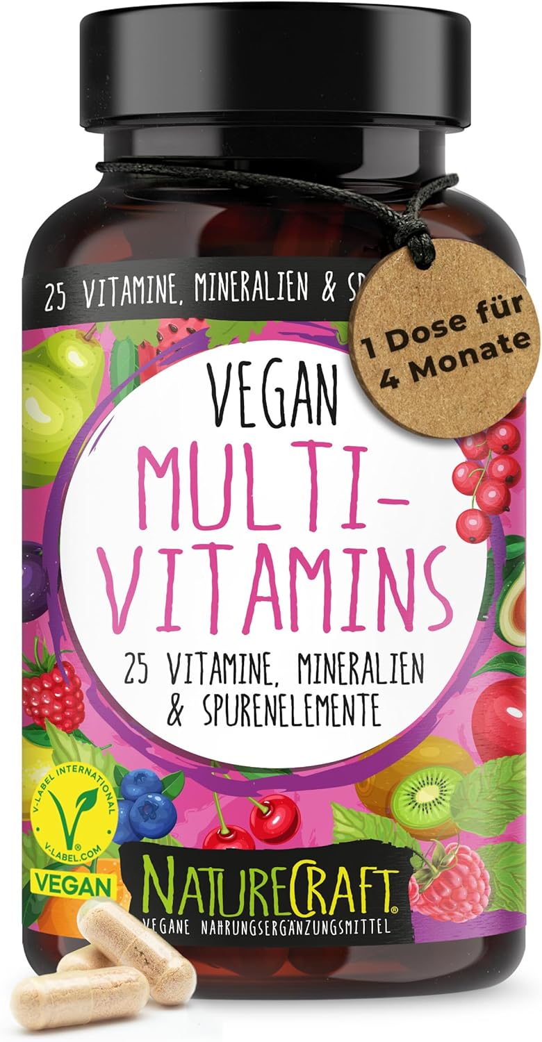 Vegan Multivitamins - 25 Vitamine, Mineralien und Spurenelemente - B12, D3, K2, Calcium, Zink, Eisen, Magnesium und viele weitere - mit 120 Kapseln (4 Monats-Vorrat)