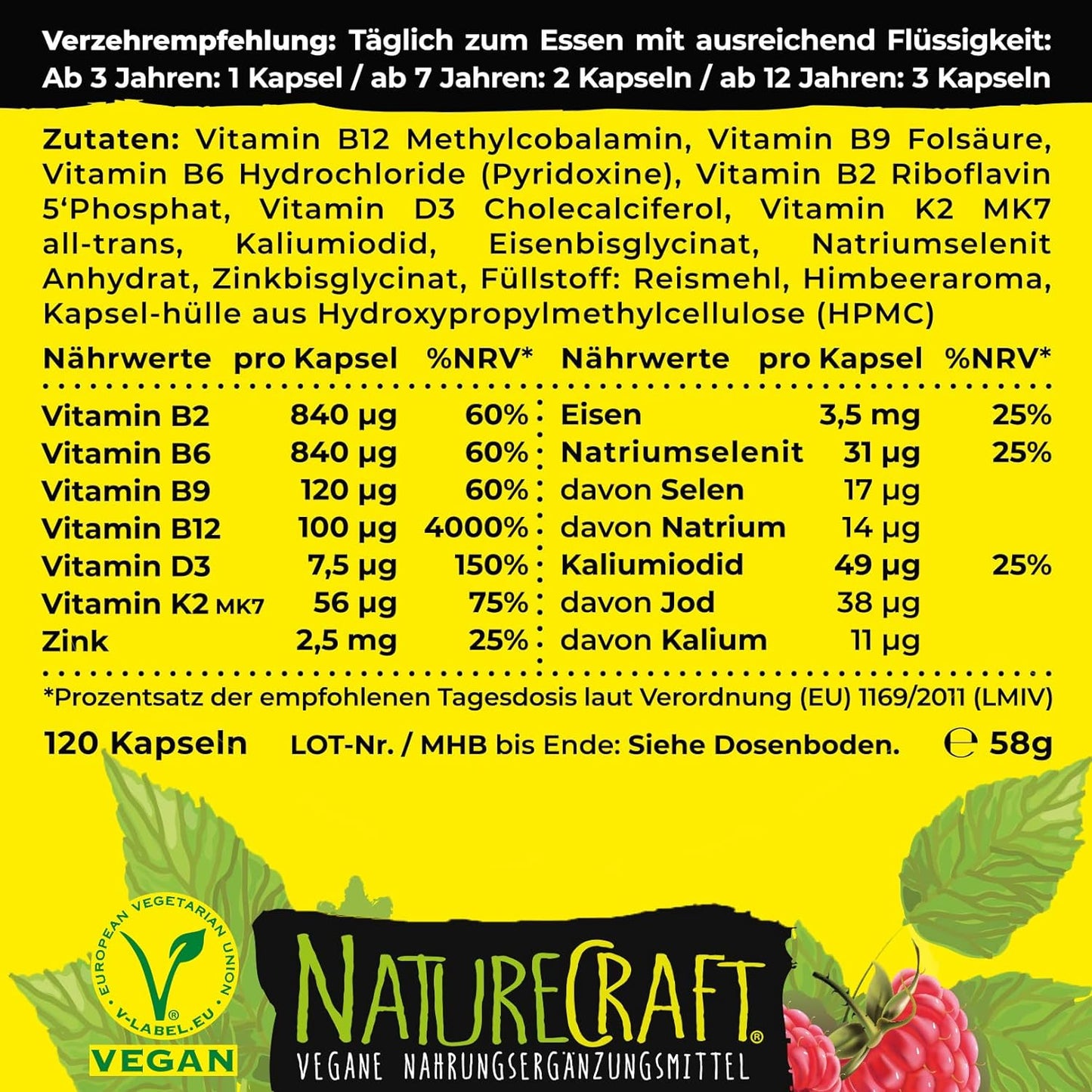 Vegan Kids All-in-One - Vitamin B12+D3+K2+B2+B6+B9 Folic acid + Zinc + Iron + Selenium + Sodium + Potassium + Iodine - Complex for children with 120 capsules (max. 4 month supply)… 