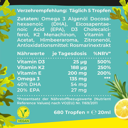 Omega-3 Algenöl PLUS - 40% DHA und 20% EPA mit Vitamin D3 + K2 + E - Himbeer, Zitrone und Rosmarinextrakt - Vegan (20ml = 4 Monats-Vorrat)