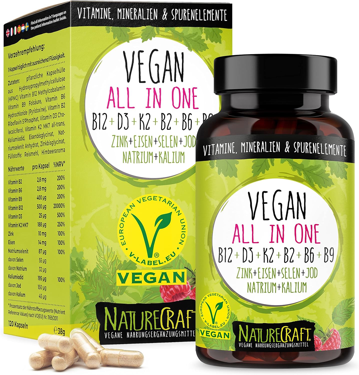 Vegan All-in-One - Vitamin B12+D3+K2+B2+B6+B9 Folic Acid + Zinc + Iron + Selenium + Sodium + Potassium + Iodine - Complex with 120 capsules (4 month supply) 