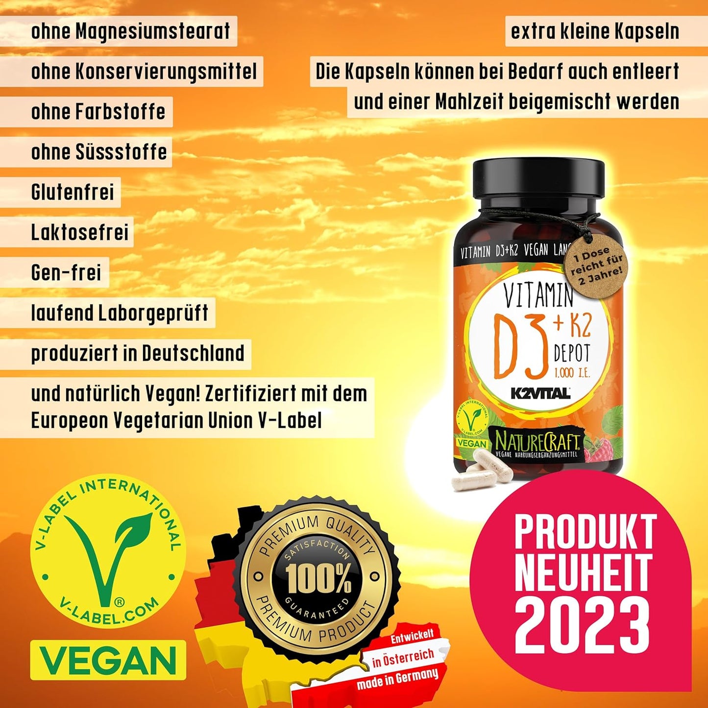 Vitamin D3 + K2 Depot mit 1000 I.E. pro Tagesdosis - Einnahme alle 7 bis 21 Tage, 1-3 Kapseln Vitamin D + K2 Vital MK7 All Trans, vegan, hochdosiert - 1 Dose (100 Kapseln) reicht für 2 Jahre